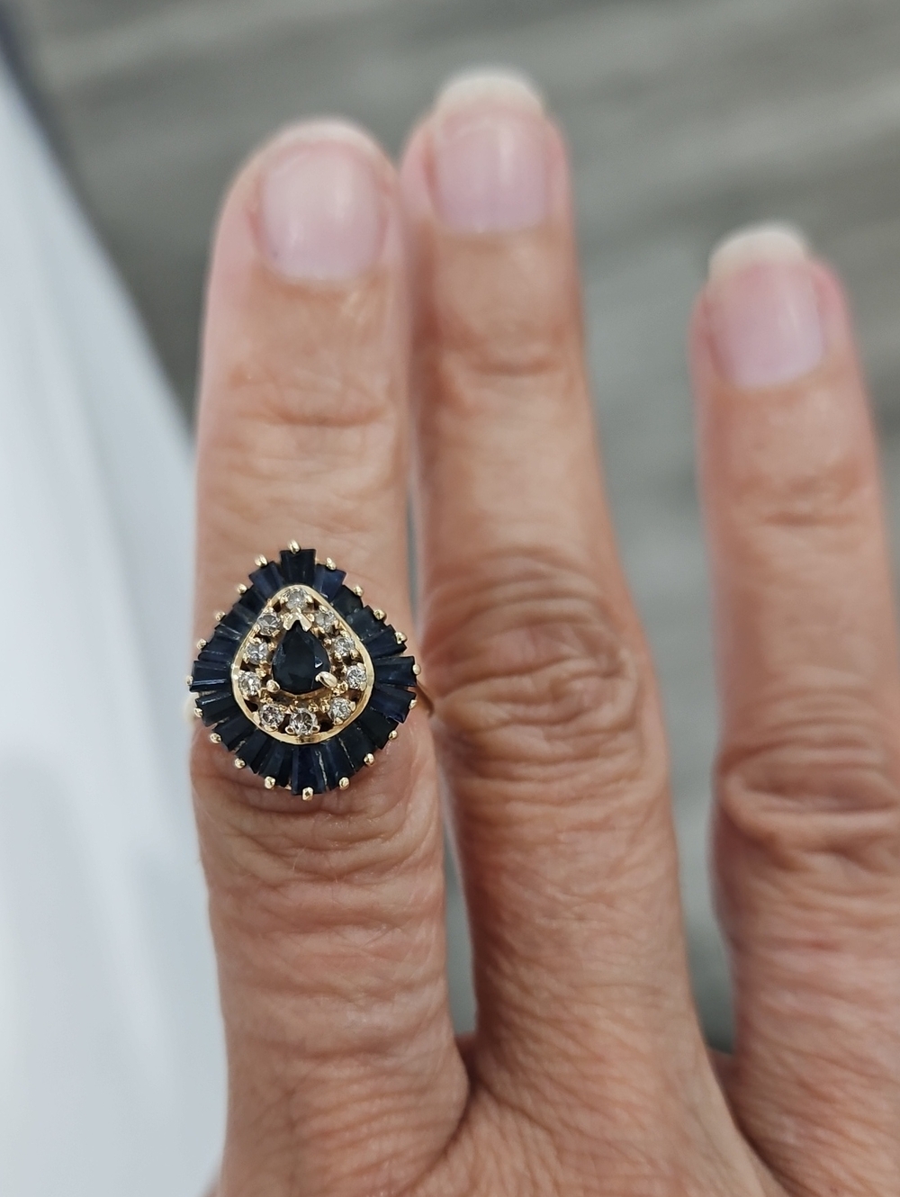 14k Gold Ring with Dark Saphire And Diamond Halo - Elegant Teardrop Statement